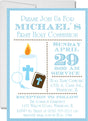 blue first communion invitations with cross chalice and rosary artwork
