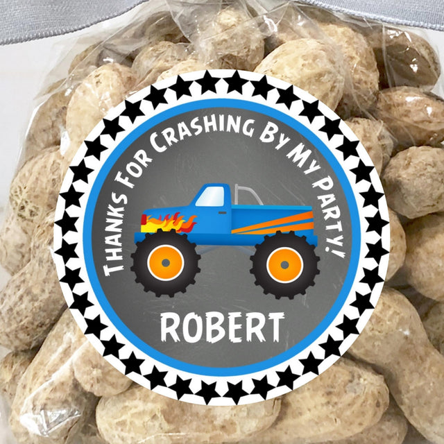 blue flame monster truck birthday sticker