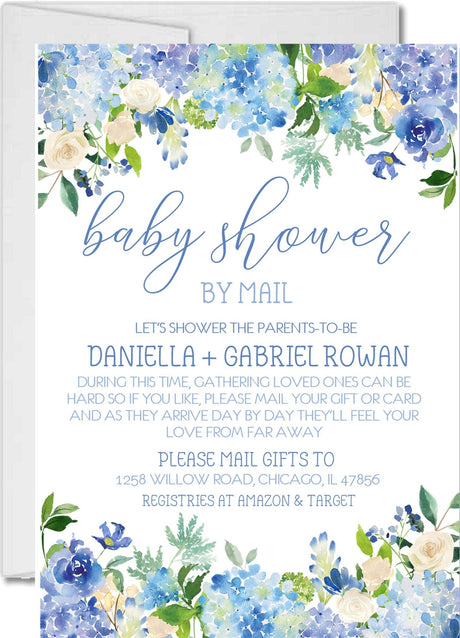 blue floral baby shower by mail invitations watercolor flower design