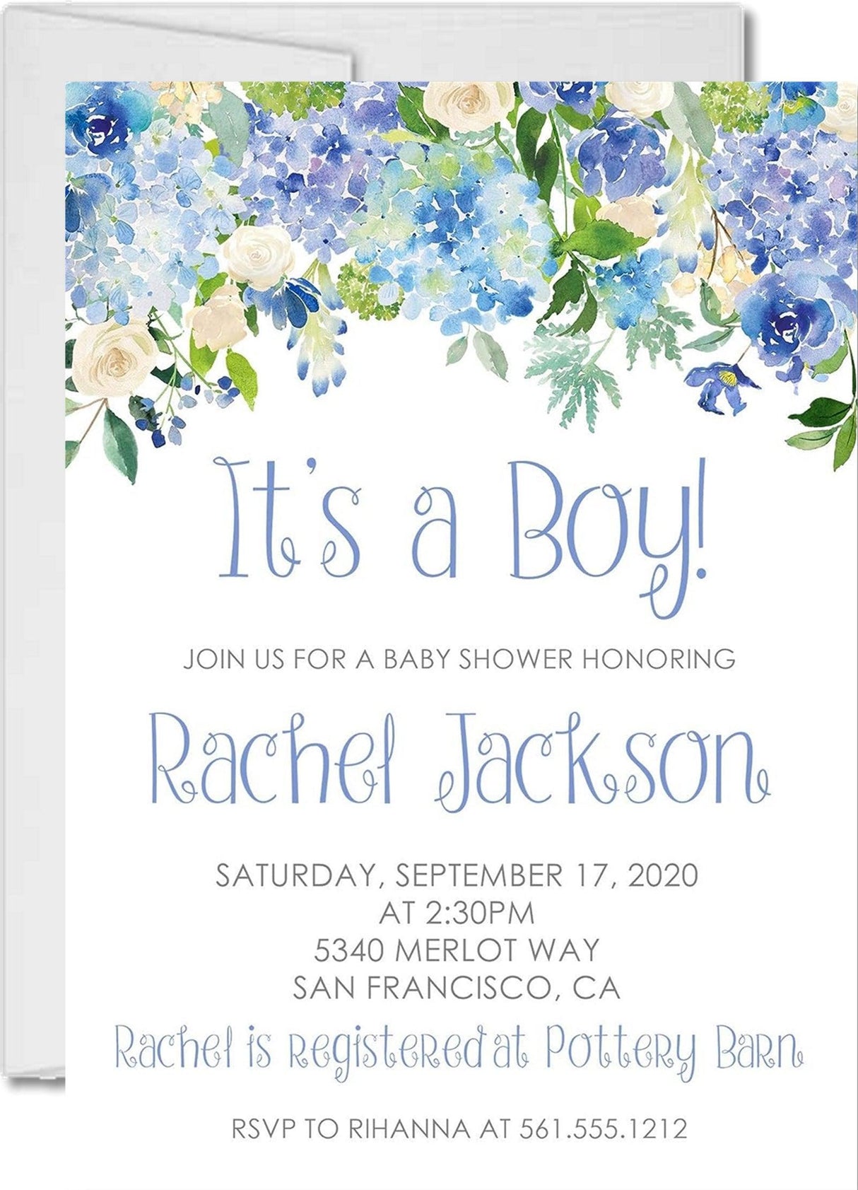 blue floral baby shower invitations watercolor rose design
