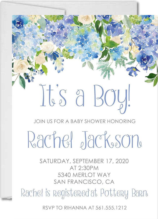blue floral baby shower invitations watercolor rose design