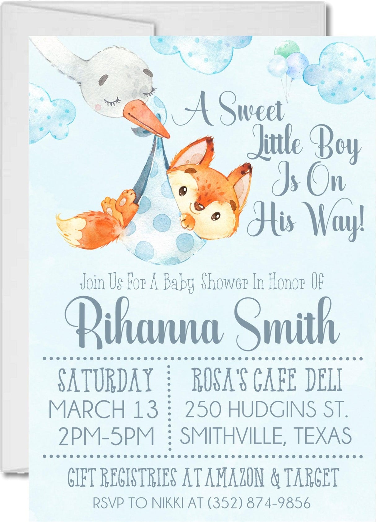 blue fox baby shower invitations watercolor theme