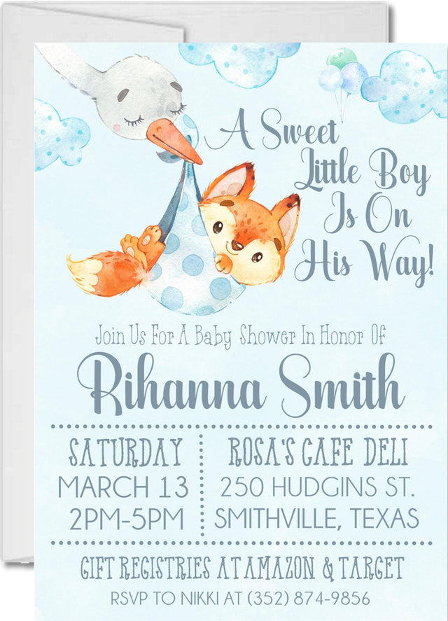 blue fox baby shower invitations watercolor theme