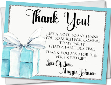 blue gift box birthday thank you cards glam party design