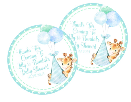 blue giraffe baby shower sticker with balloons
