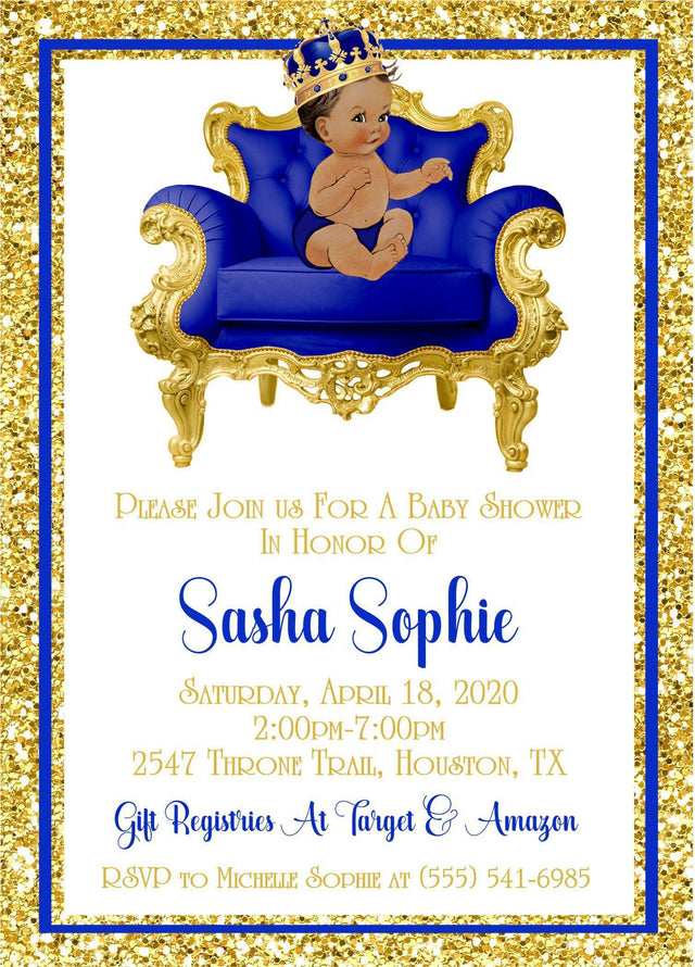 blue gold crown invitation cards regal baby prince style