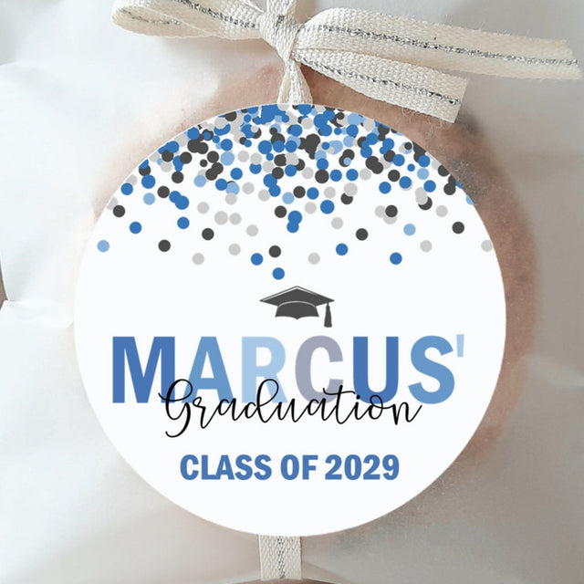 Blue and grey graduation stickers – printed confetti design on matte paper