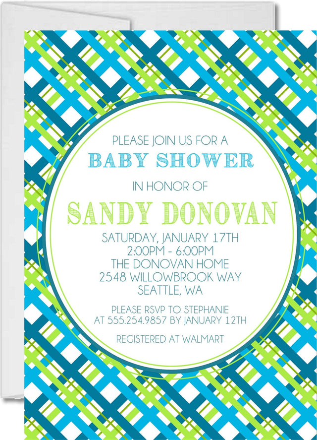 blue green plaid baby shower invitations colorful pattern design