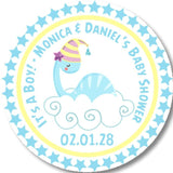 blue it’s a boy dinosaur theme favor label