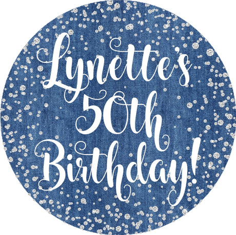 blue jean party sticker with glitter effect and elegant typography