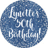blue jean party sticker with glitter effect and elegant typography
