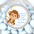 blue monkey baby shower sticker with monkey swinging on vine