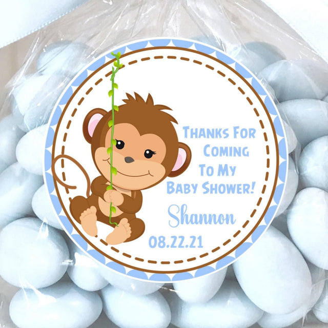 blue monkey baby shower sticker with monkey swinging on vine