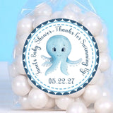 blue octopus baby shower sticker with ocean theme
