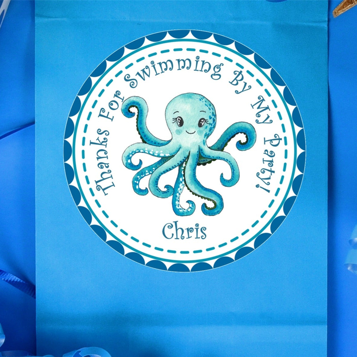 blue octopus birthday sticker with ocean design