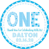 blue one birthday sticker with stitched border and pattern design