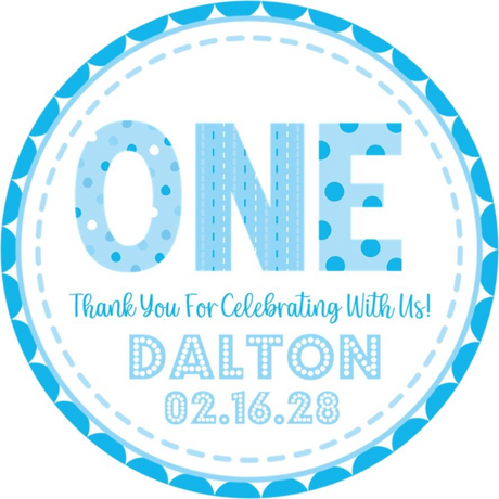 blue one birthday sticker with stitched border and pattern design