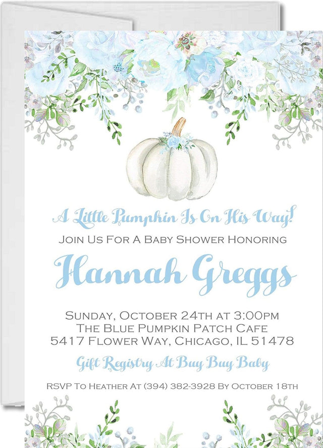 blue pumpkin baby shower invitations floral autumn watercolor design