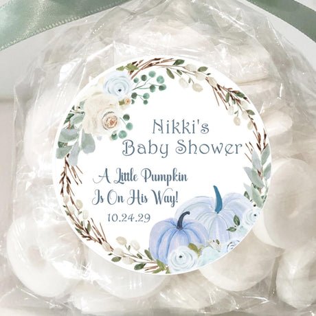 blue pumpkin baby shower sticker with greenery wreath