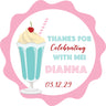 blue retro milkshake party sticker with soda shop theme