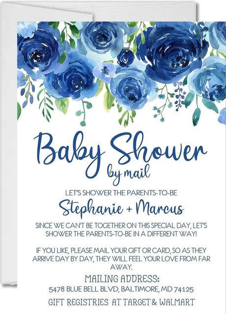 blue rose baby shower by mail invitations watercolor flower design
