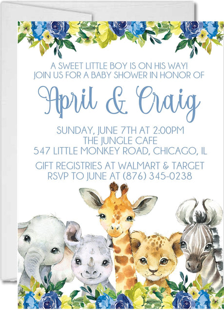 blue safari animal baby shower invitations watercolor jungle theme