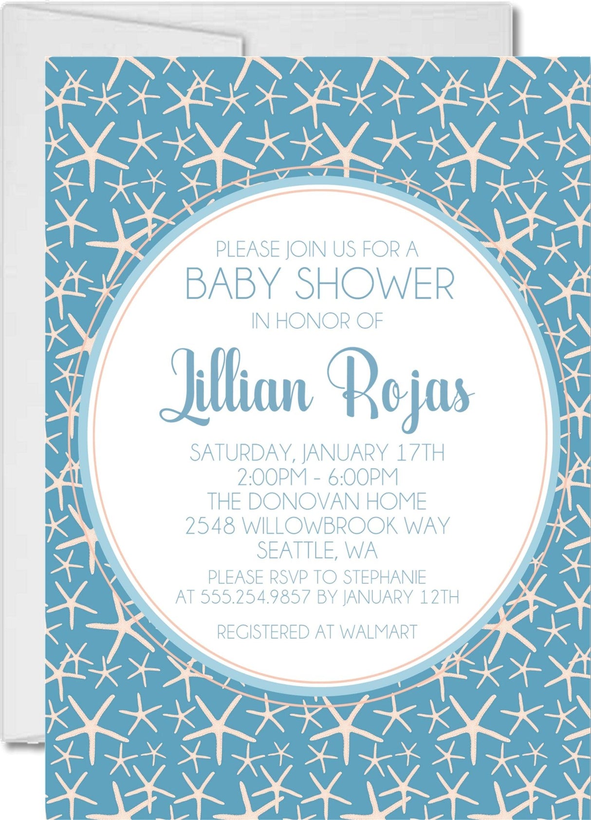 blue starfish baby shower invitations coastal beach pattern design