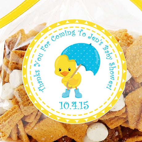 blue umbrella duck baby shower sticker with yellow duck design