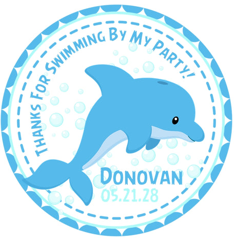 blue under the sea party sticker with dolphin design