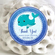 blue whale baby shower sticker with bright blue text
