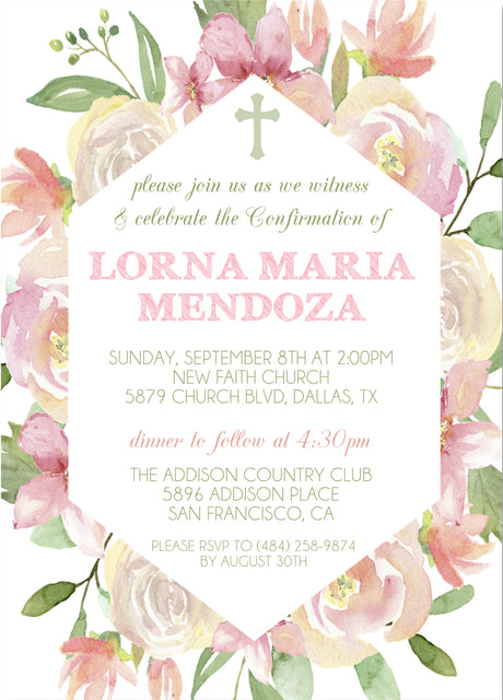 blush floral religious invitations flower wreath design