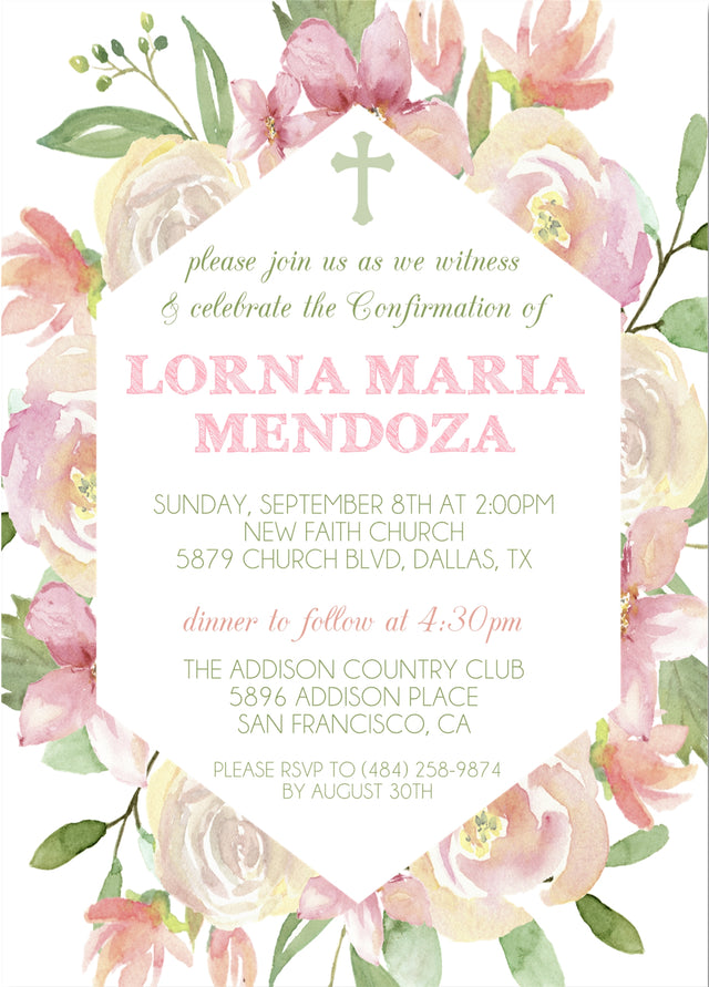 blush floral religious invitations flower wreath design