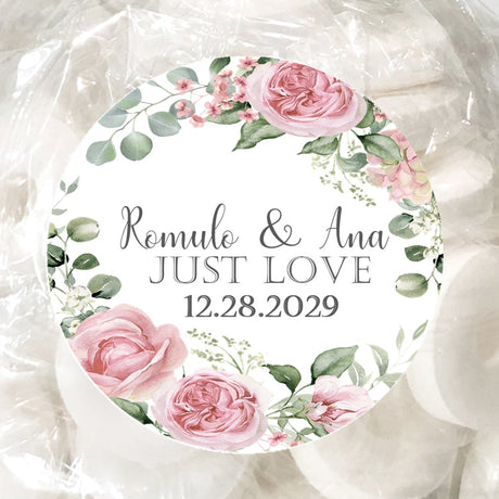 blush pink floral wedding sticker with just love text