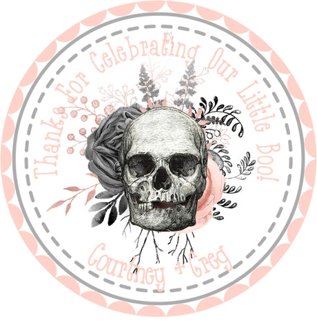 blush skull floral baby shower sticker gothic little boo theme