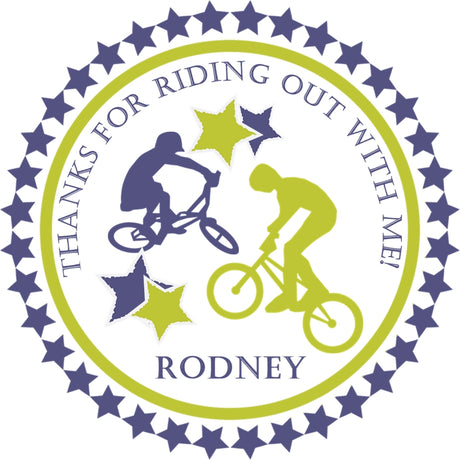 bmx birthday sticker with rider silhouettes and star accents