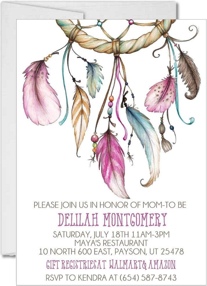 boho baby shower invitations pink dreamcatcher design