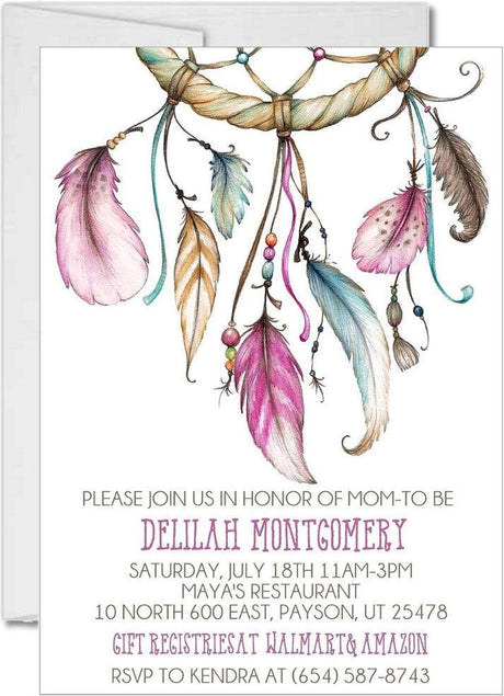 boho baby shower invitations pink dreamcatcher design