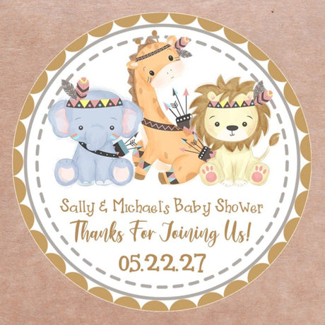 boho safari baby shower stickers with giraffe lion elephant