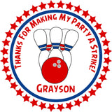 bowling birthday favor sticker with red blue ball and pins
