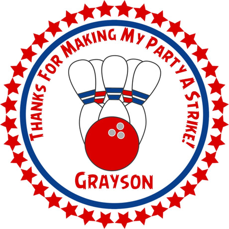 bowling birthday favor sticker with red blue ball and pins