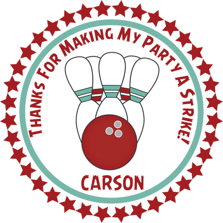 bowling birthday sticker with pins and ball strike theme design
