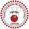 bowling birthday sticker with pins and ball strike theme design