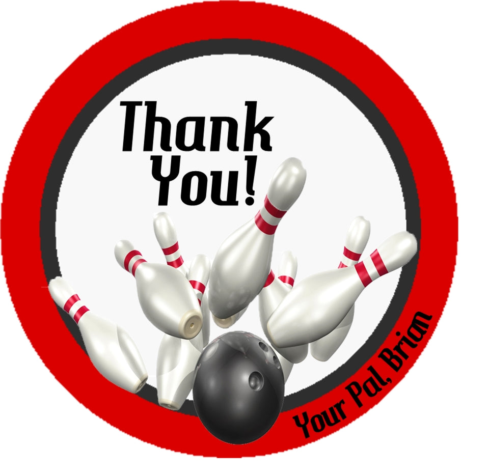bowling birthday sticker with realistic pins and ball strike design