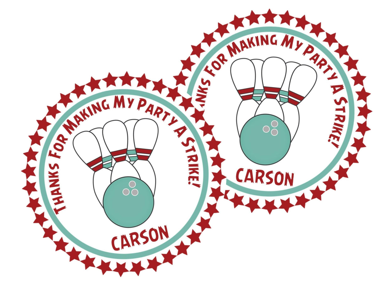 bowling party favor label in maroon and teal