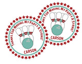 bowling party favor label in maroon and teal