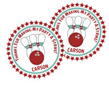 bowling party favor label with red ball design