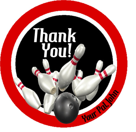 bowling party sticker with black background and bold red border