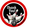 bowling party sticker with black background and bold red border
