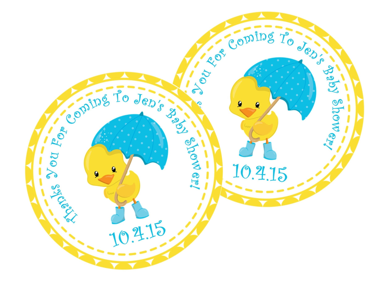 boy baby shower favor label with duck and umbrella
