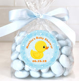boy baby shower thank-you sticker with blue and yellow design
